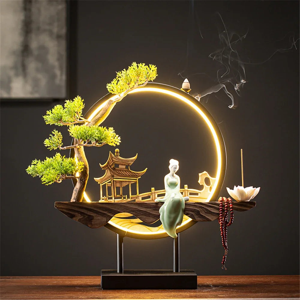 Wooden Backflow Incense Burner with Light